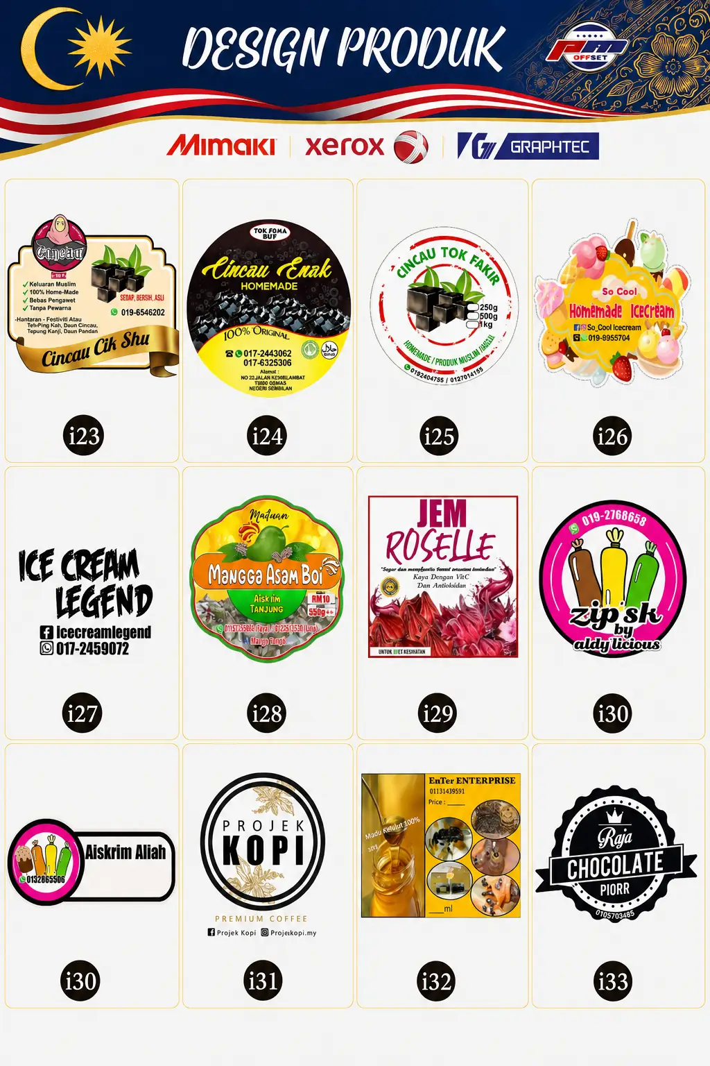 Product Sticker Designs I23–I33