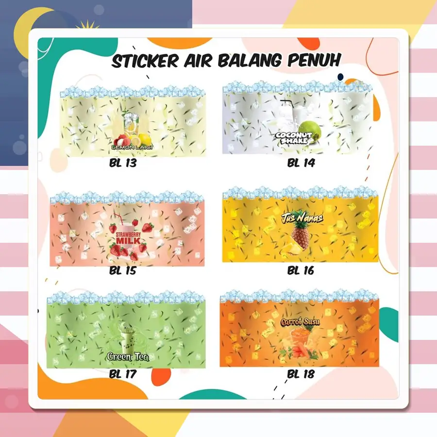 Drink sticker designs BL13–BL18