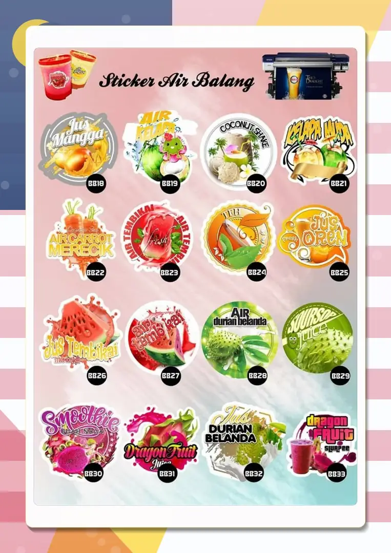 Drink sticker designs BB18–BB33