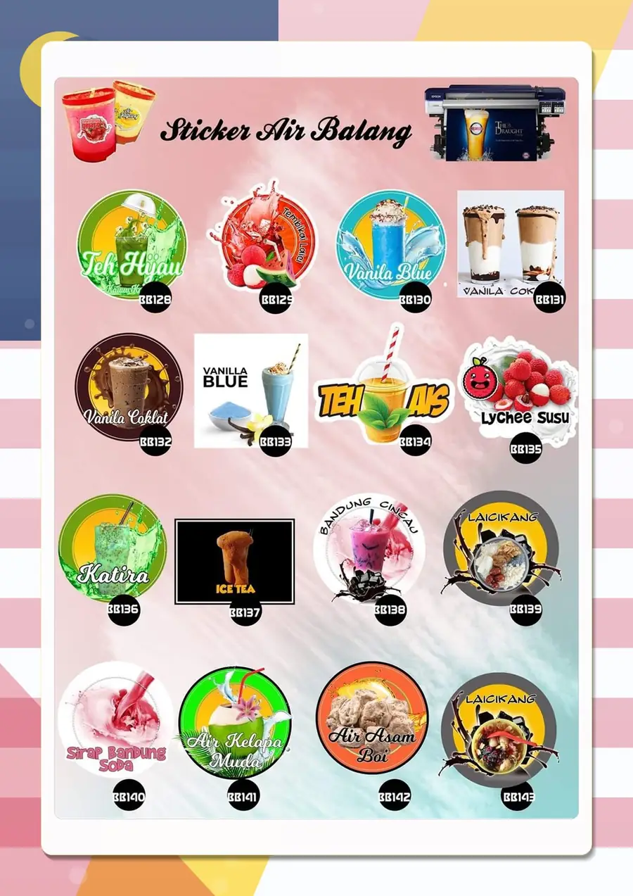 Drink sticker designs BB128–BB143